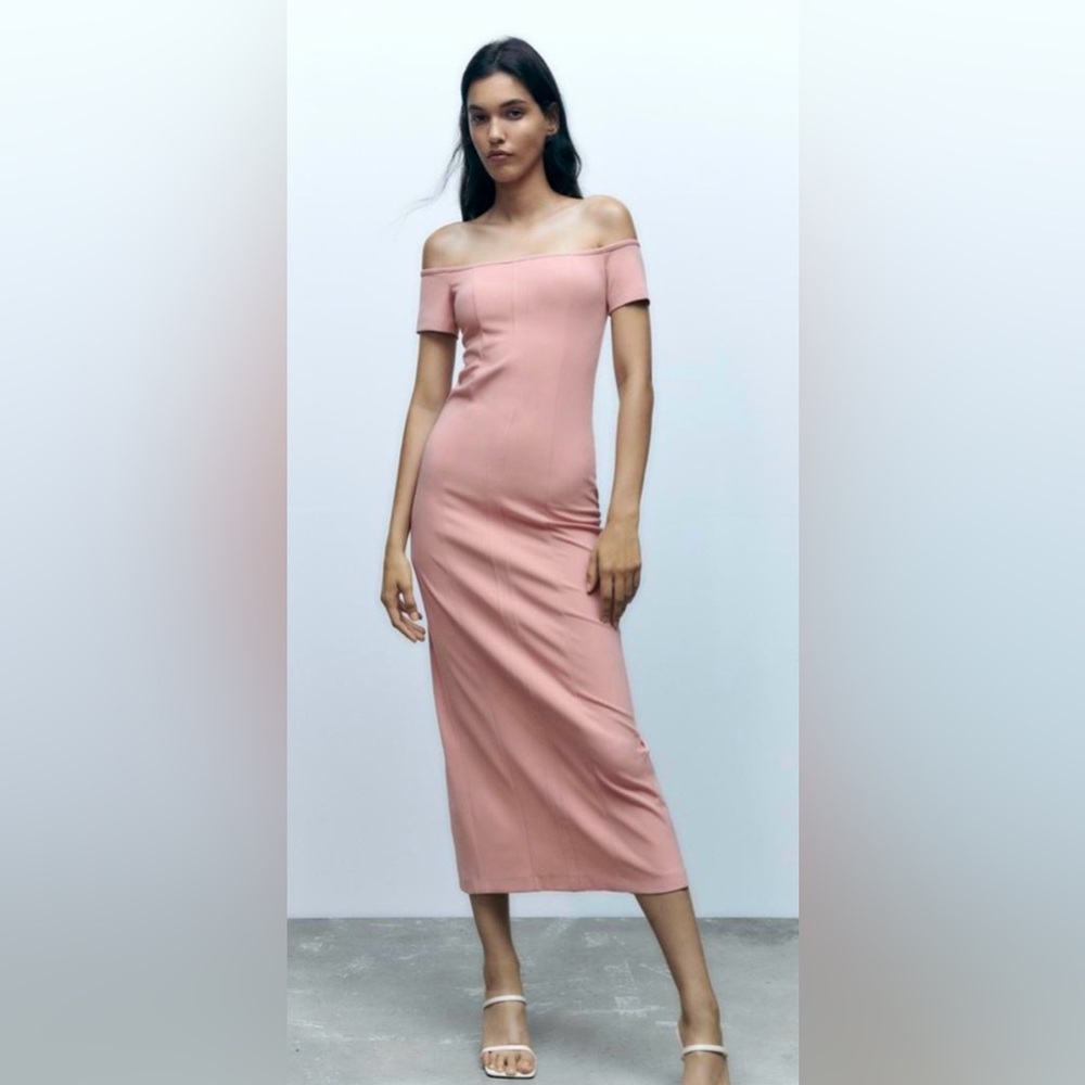 Zara - Top Stitched Midi Dress | Short Sleeve/Off The Shoulder - Pale Pink | NWT